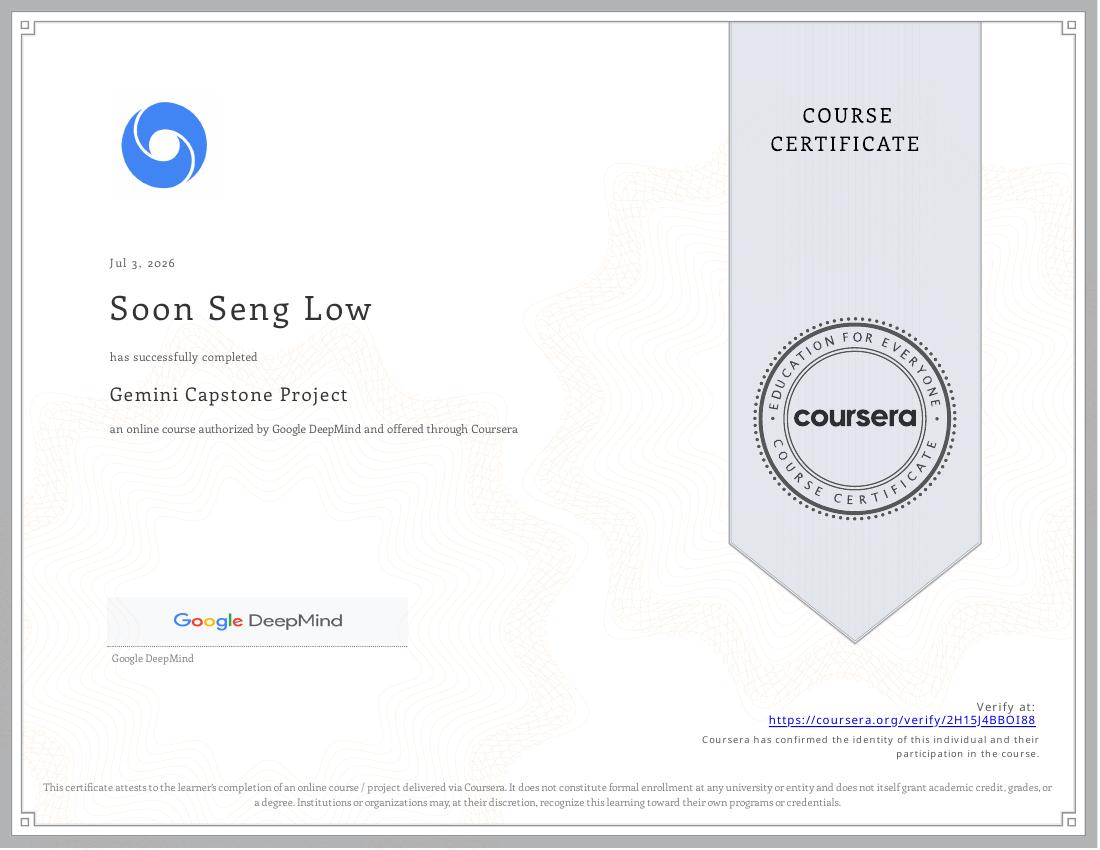 Gemini Capstone Project certificate