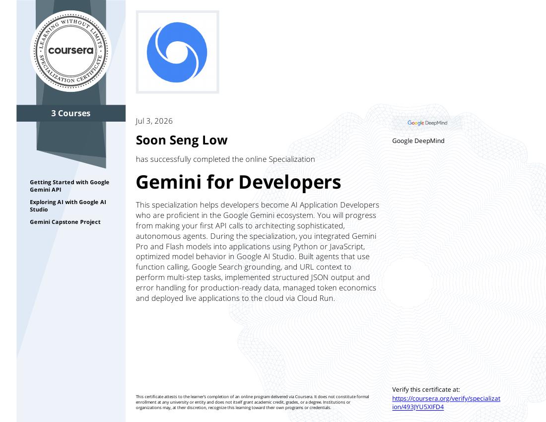 Gemini for Developers Specialization certificate
