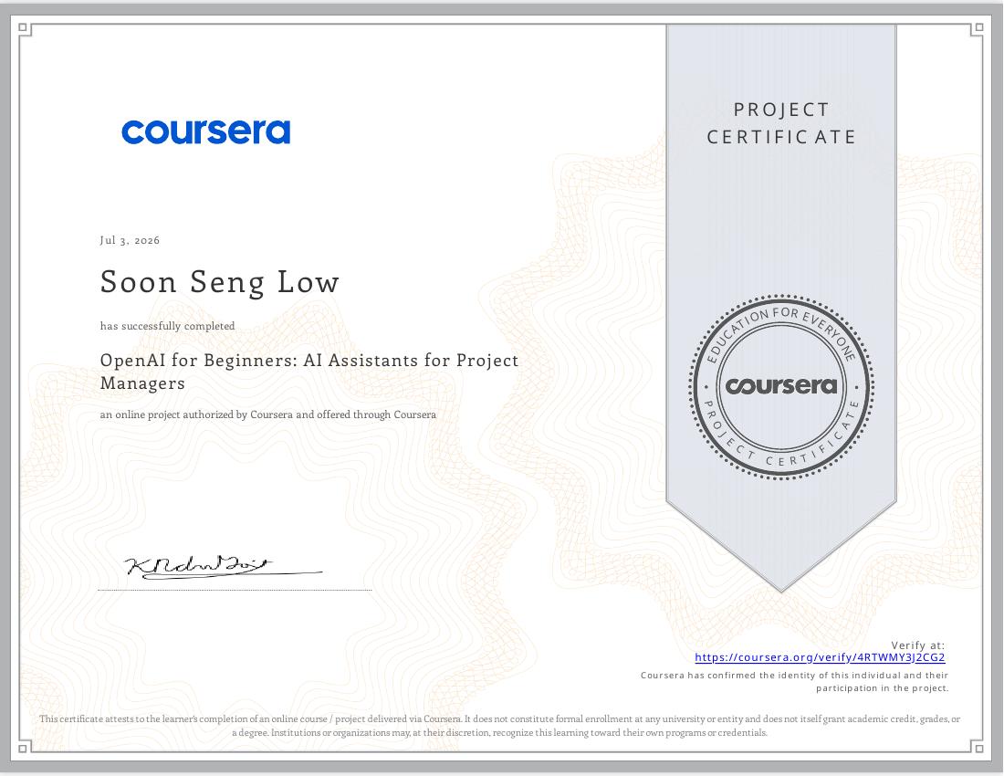 OpenAI for Beginners AI Assistants for Project Managers certificate