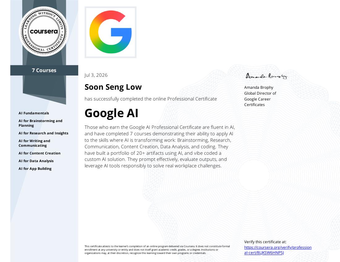 Google AI Professional Certificate awarded to Soon Seng Low